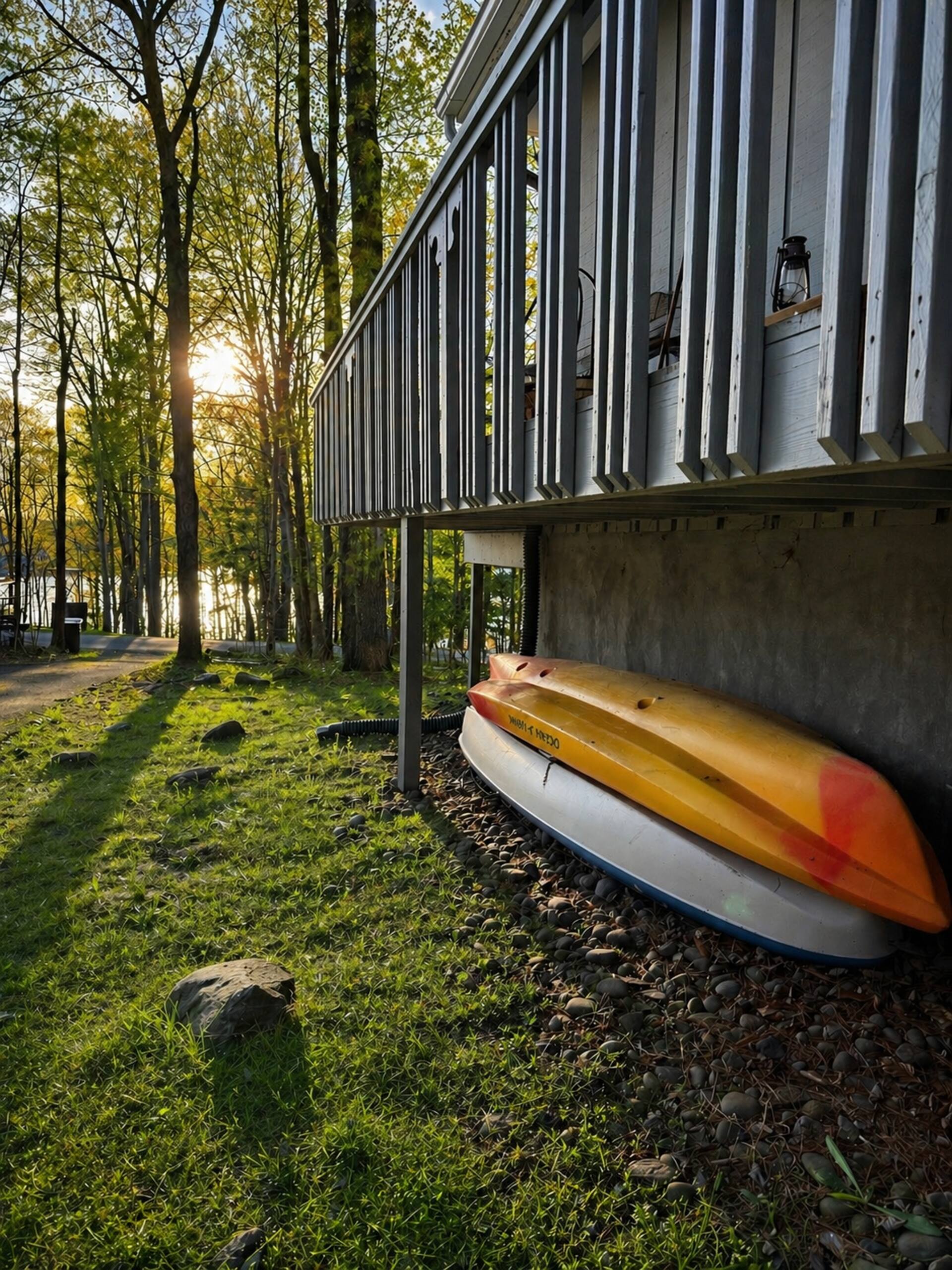 Two-person kayak stored beside the house