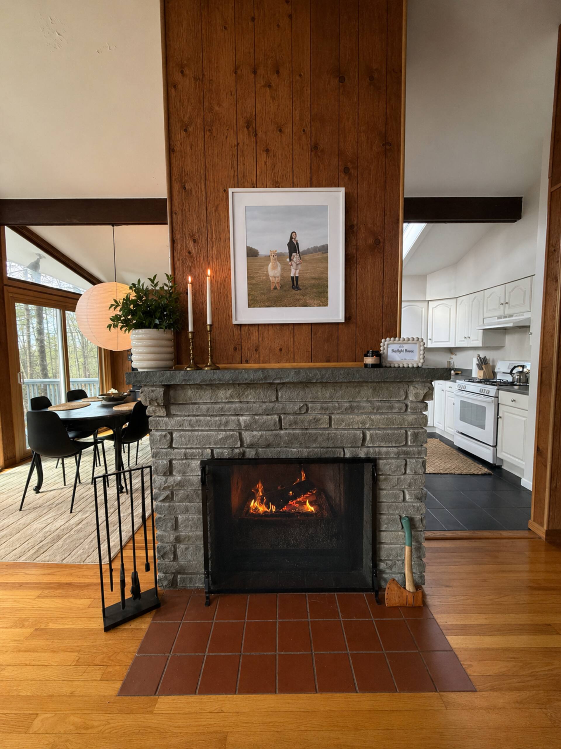 Stone fireplace with a lit fire